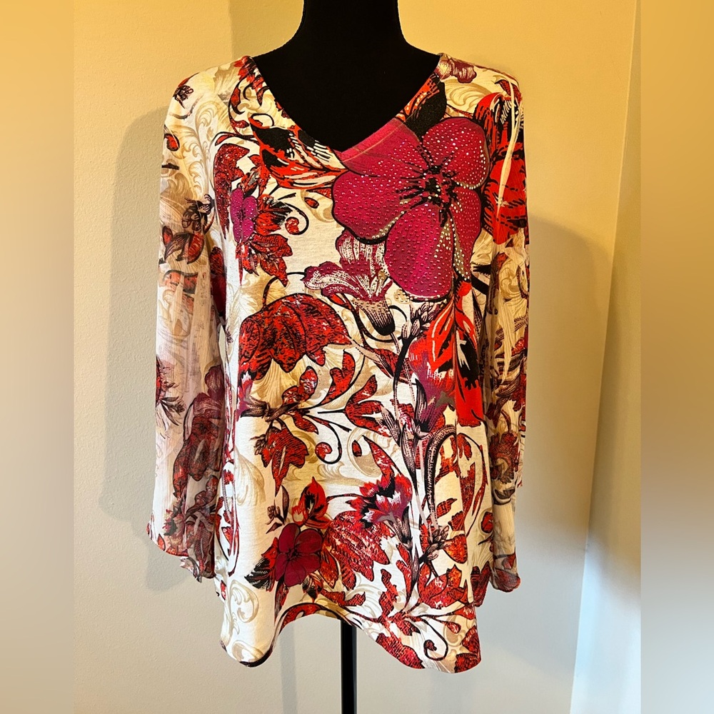JM Collection Embellished Semi-Sheer Sleeve Top